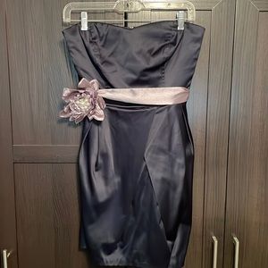 Navy Blue Strapless Homecoming Dress with Silver Jeweled Flower Belt